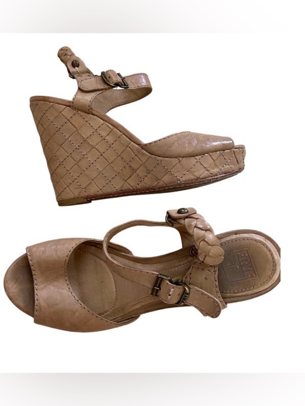 Frye Corrina Quilted Tan Leather Braided-Ankle Wedge Sandals size 8.5